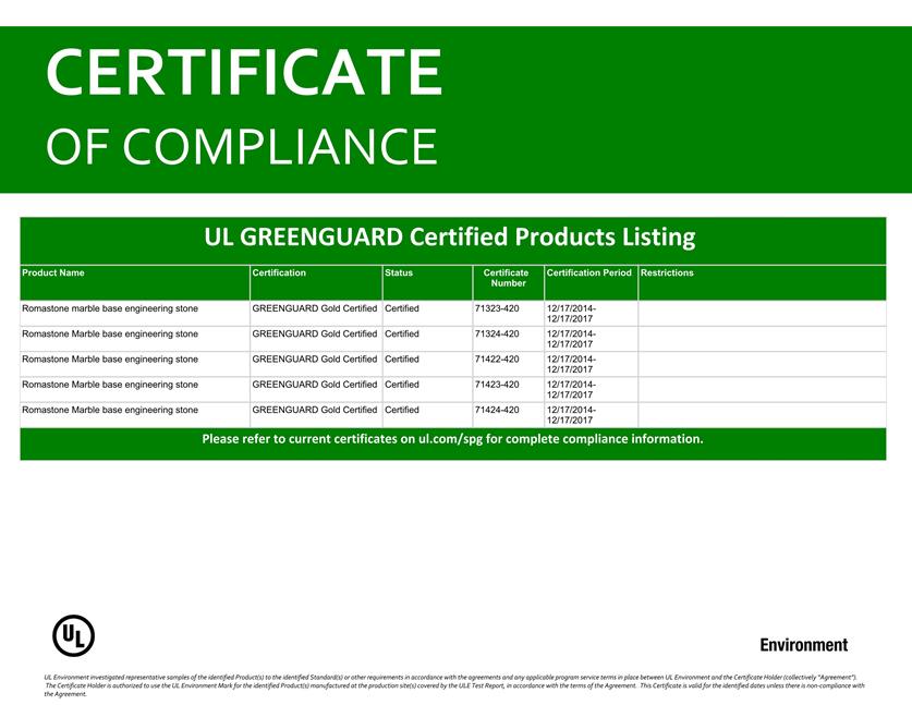 羅馬崗石人造石是少數獲得GreenGuard Gold認證的世界級綠建材